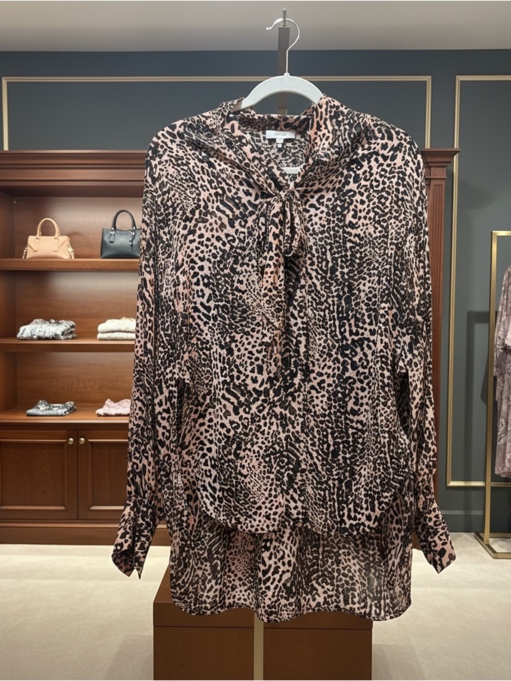 Reiss leopard print tie neck blouse viscose silk-feel long sleeve blouse 4
